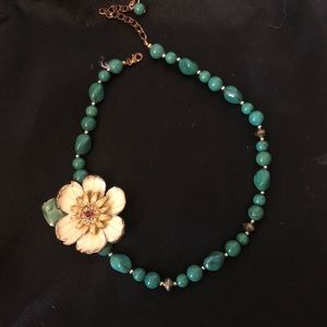 Flower Enamel Necklace with Jade Colored Stones